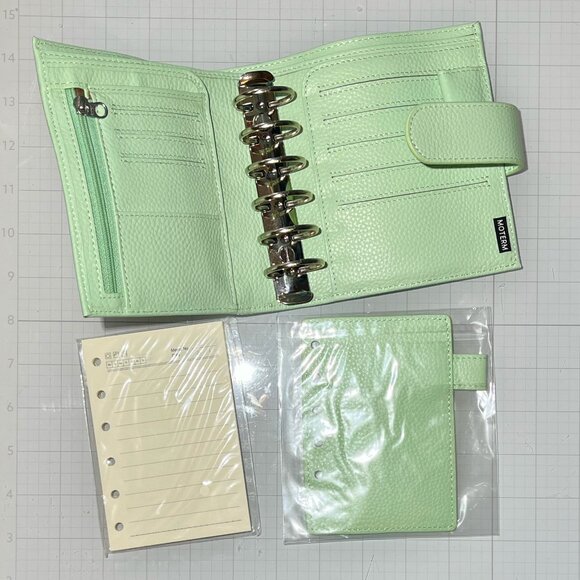 Moterm 6 Ring Sage Green Leather Compact Planner Wallet Binder w/Bag+Flyleaf+Pgs - Picture 7 of 10